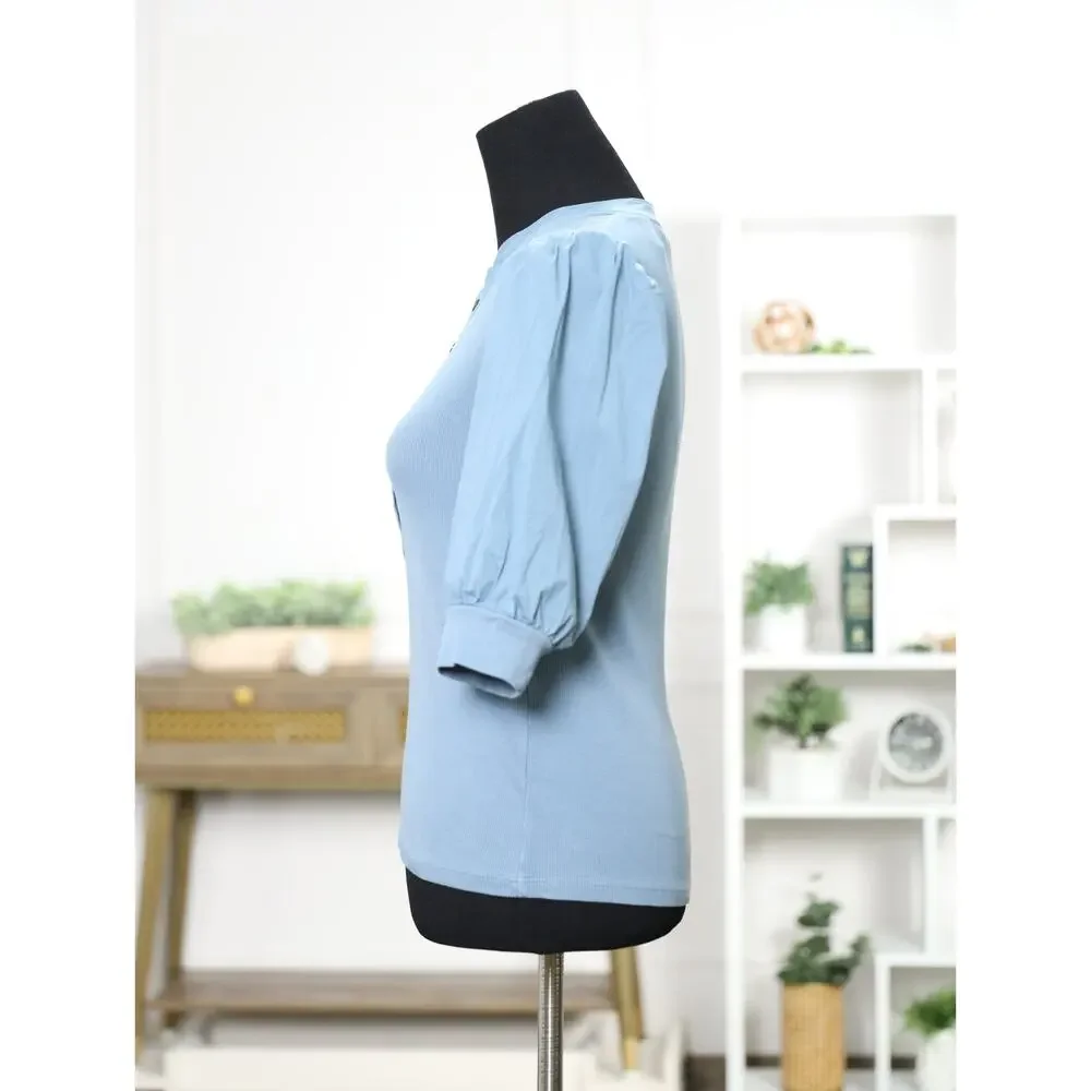 Veronica Beard Dusty Blue Ribbed Cotton Puff Sleeve Quiet Luxuy Capsule Top S - Picture 6 of 15
